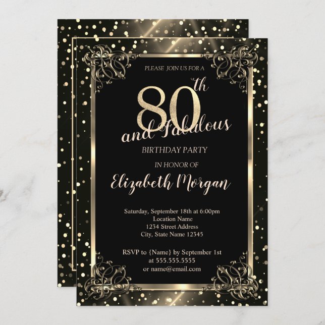 Elegant Gold Frame, Dots 80th Birthday Party  Invitation (Front/Back)