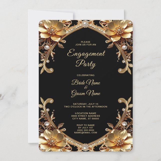 Elegant Gold Frame Engagement Invitation (Front)