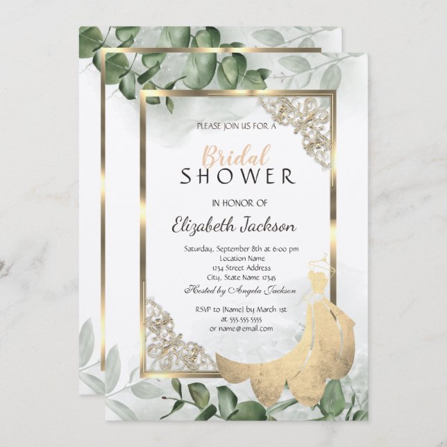 Elegant Gold Frame,Eucalyptus Dress Bridal Shower Invitation (Front/Back)
