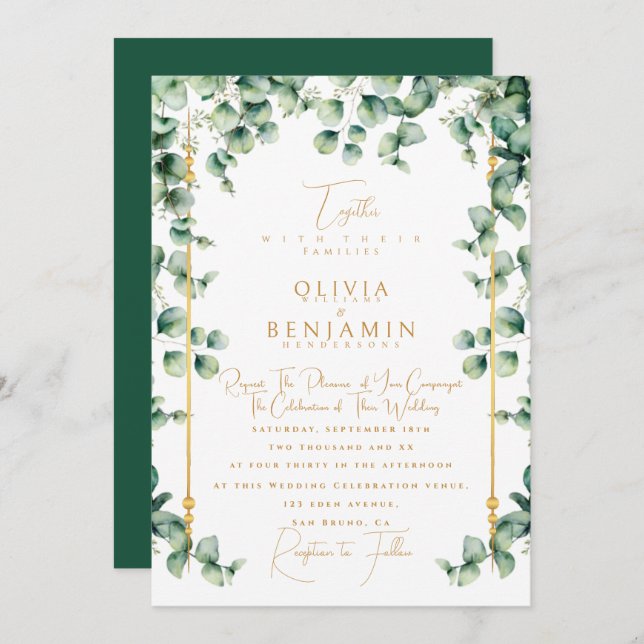 Elegant Gold Frame & Eucalyptus greenery Wedding Invitation (Front/Back)