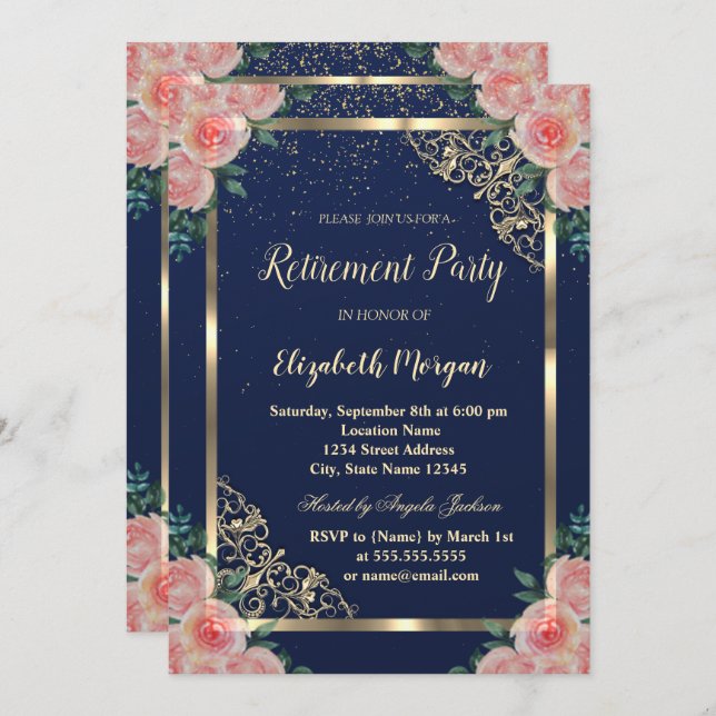 Elegant Gold Frame Floral  Navy Blue Retirement Invitation (Front/Back)