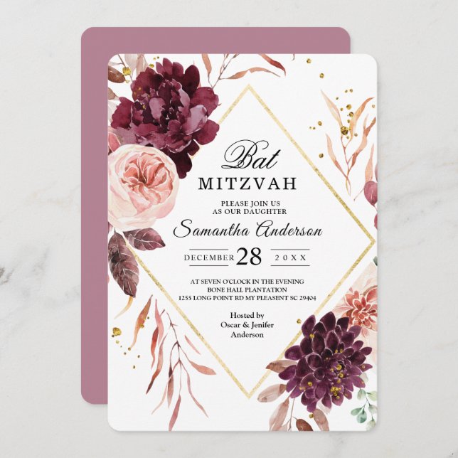 Elegant Gold Frame Floral Red & Pink Invitation (Front/Back)