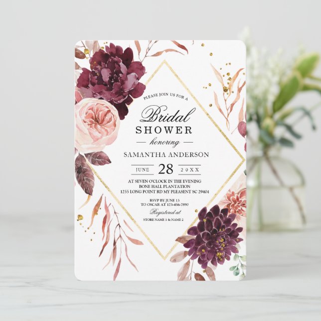 Elegant Gold Frame Floral Red & Pink Invitation (Standing Front)