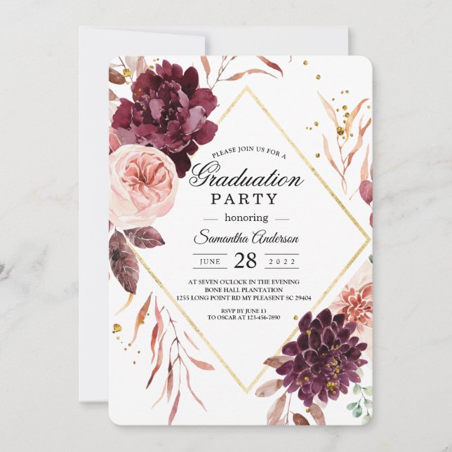 Elegant Gold Frame Floral Red & Pink Invitation (Front)