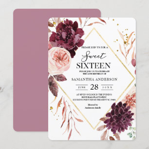 Elegant Gold Frame Floral Red & Pink Invitation