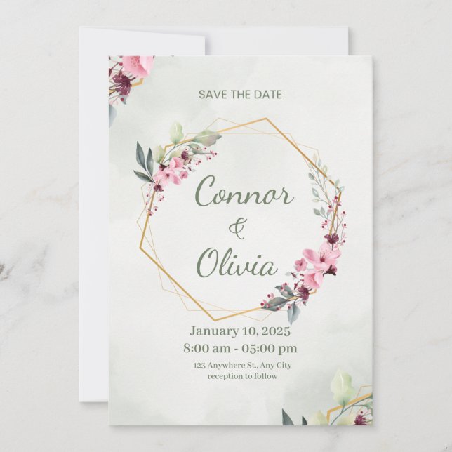 Elegant Gold Frame Floral Save The Date Card (Front)