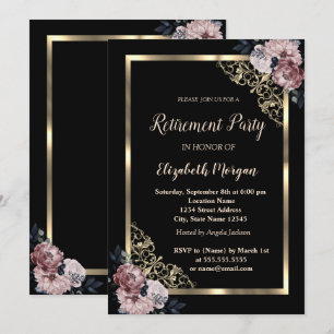 Elegant Gold Frame Flowers Retirement Invitation