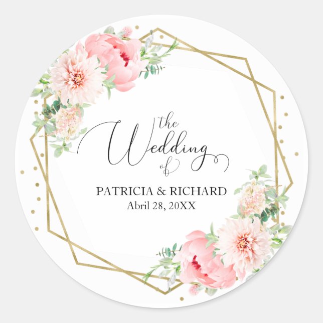 Elegant Gold Frame Geometric Blush Floral Wedding Classic Round Sticker (Front)