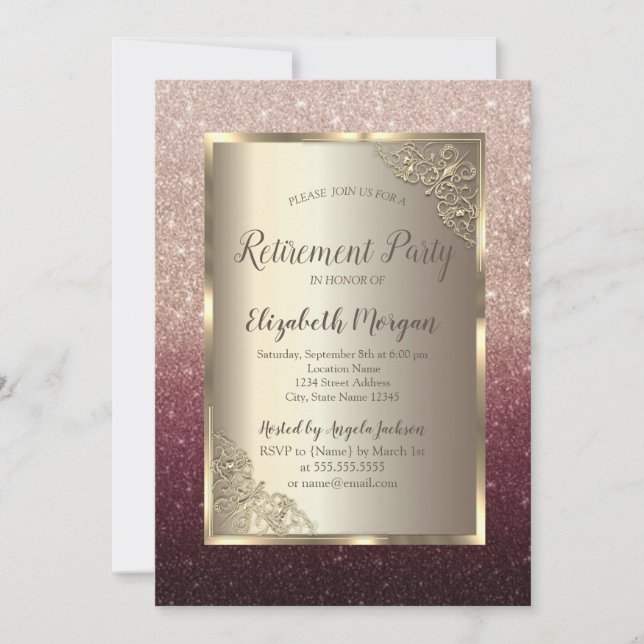 Elegant Gold Frame Glitter Ombre Retirement  Invitation (Front)