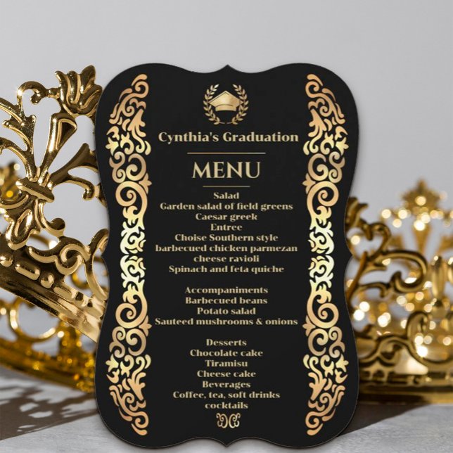 Elegant gold Frame Graduation Dinner Menu  (#zazzlemade #blackandgold #goldfaux #luxury #graduationgoldinvitation #goldframe #vintage #royal)