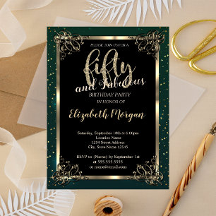 Elegant Gold Frame,Green 50th Birthday Party Invitation