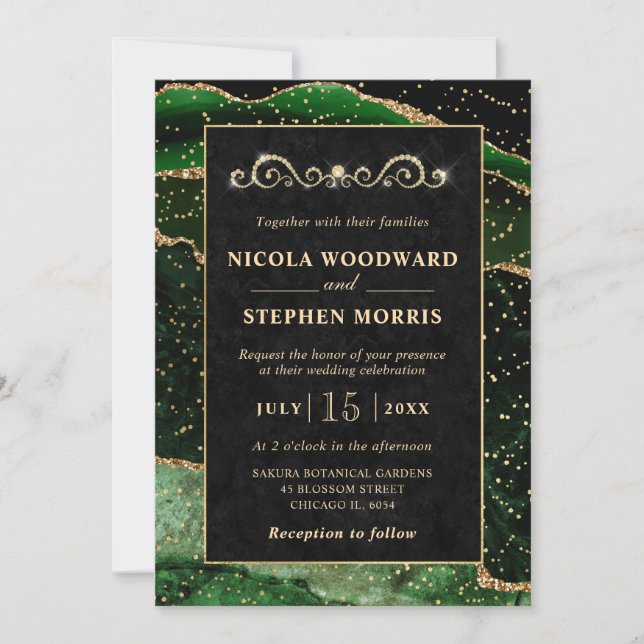 Elegant Gold Frame Green Agate Wedding Invitation (Front)