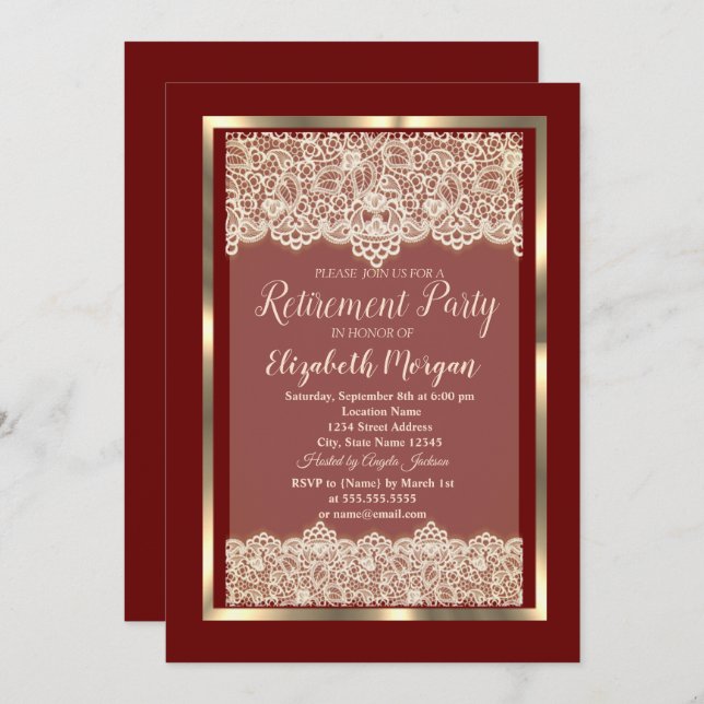 Elegant Gold Frame Lace Burgundy Retirement Party Invitation (Front/Back)