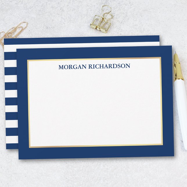 Elegant Gold Frame Navy Blue Striped Card (Customize to change text color,  size or to add more text.)