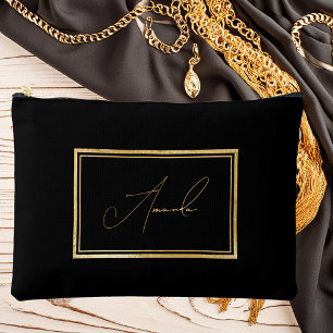 Elegant gold frame on black personalised accessory pouch