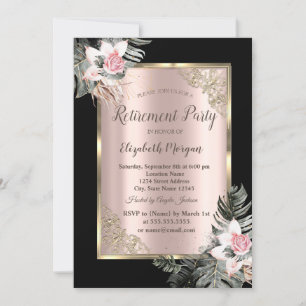 Elegant Gold Frame,Palm Leaves Roses Retirement  Invitation