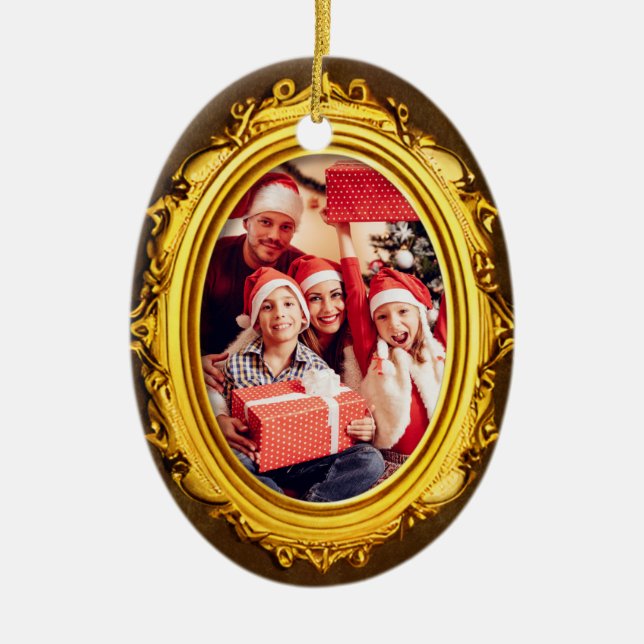  Elegant Gold Frame Personalised Family Photo Oval Ceramic Ornament (Front)