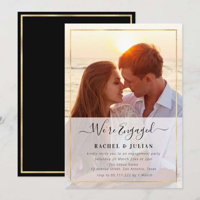 Elegant gold frame photo engagement party invitation (Front/Back)