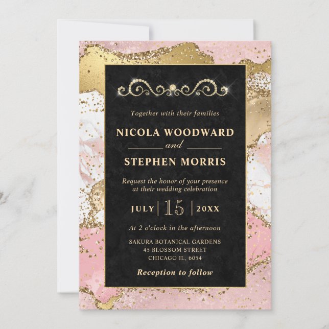 Elegant Gold Frame Pink and Black Agate Wedding Invitation (Front)