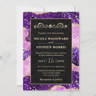 Elegant Gold Frame Pink and Purple Agate Wedding Invitation