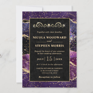 Elegant Gold Frame Pink and Purple Agate Wedding Invitation