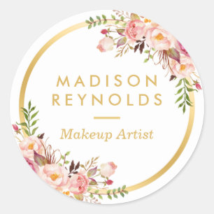 Elegant Gold Frame Pink Floral Personal Business Classic Round Sticker