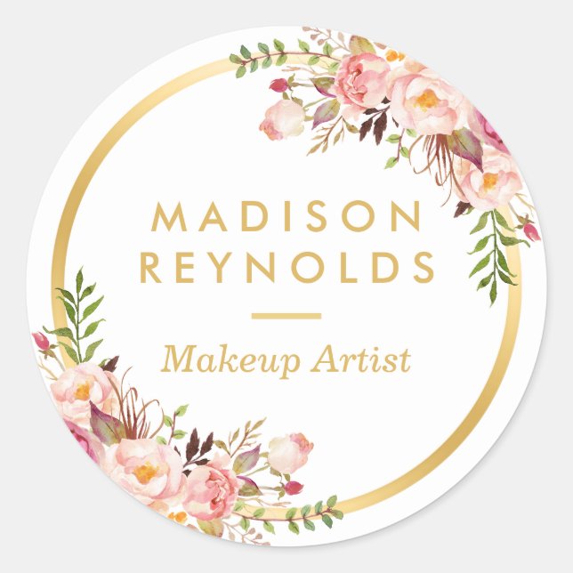 Elegant Gold Frame Pink Floral Personal Business Classic Round Sticker (Front)