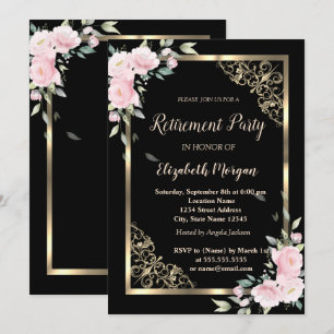 Elegant Gold Frame Pink Flowers Retirement Invitation