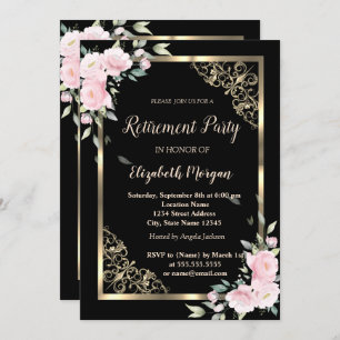 Elegant Gold Frame Pink Flowers Retirement  Invitation