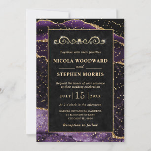 Elegant Gold Frame Purple Agate Wedding Invitation