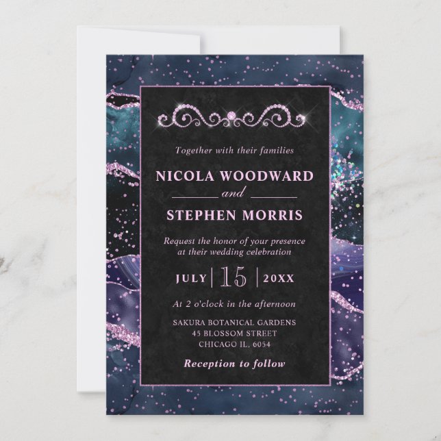 Elegant Gold Frame Purple and Blue Agate Wedding Invitation (Front)