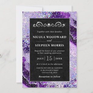 Elegant Gold Frame Purple and Silver Agate Wedding Invitation