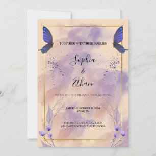 Elegant Gold Frame Purple Butterfly Wedding Invitation