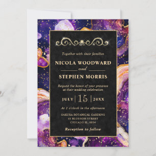 Elegant Gold Frame Purple Celestial Agate Wedding Invitation