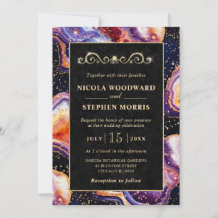 Elegant Gold Frame Purple Celestial Agate Wedding Invitation