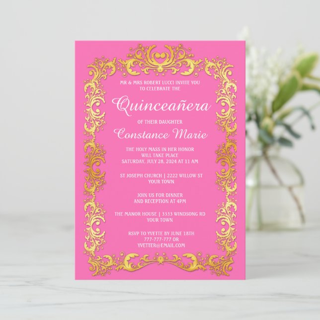 Elegant Gold Frame Quinceanera Invitation (Standing Front)