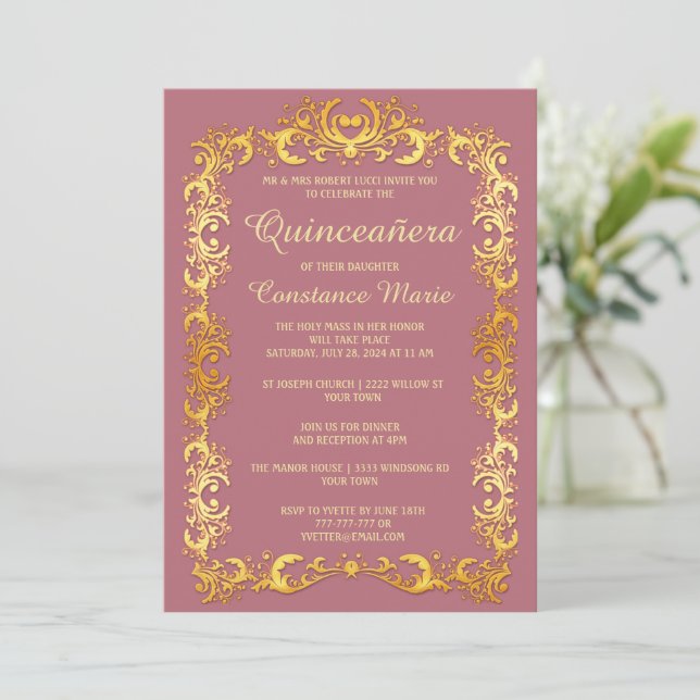 Elegant Gold Frame Quinceanera Invitation (Standing Front)