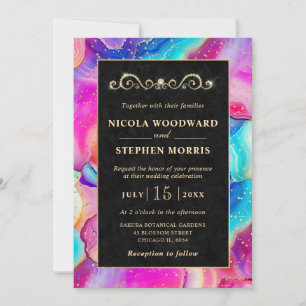Elegant Gold Frame Rainbow Agate Wedding Invitation