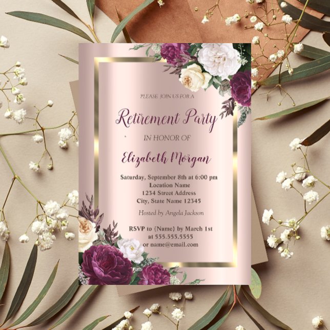 Elegant  Gold Frame,Rose Gold Burgundy Retirement  Invitation (Creator Uploaded)