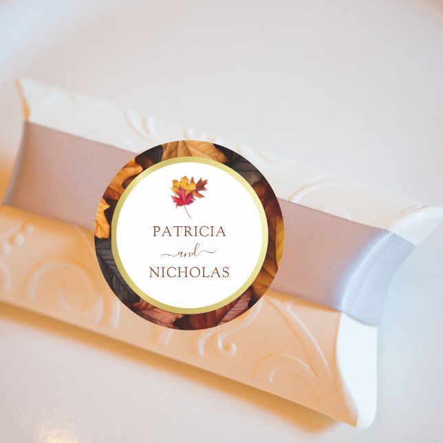 Elegant Gold Frame & Rustic Autumn Charm Wedding   Classic Round Sticker (Creator Uploaded)