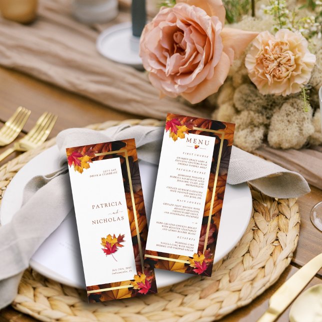 Elegant Gold Frame & Rustic Autumn Charm Wedding Menu (Creator Uploaded)