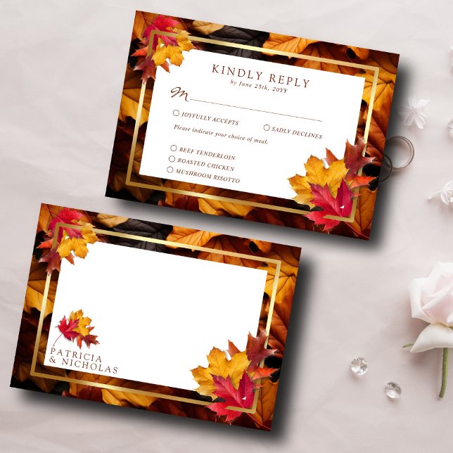 Elegant Gold Frame & Rustic Autumn Charm Wedding  RSVP Card (Creator Uploaded)
