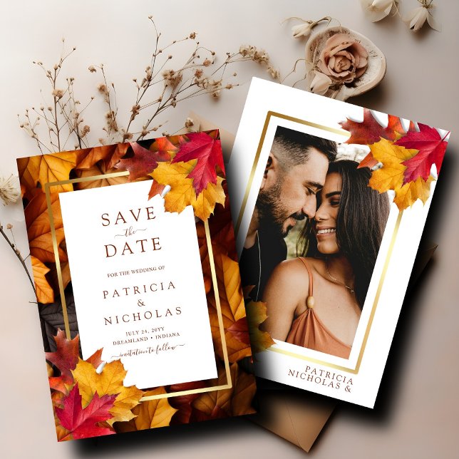 Elegant Gold Frame & Rustic Autumn Charm Wedding Save The Date (Creator Uploaded)