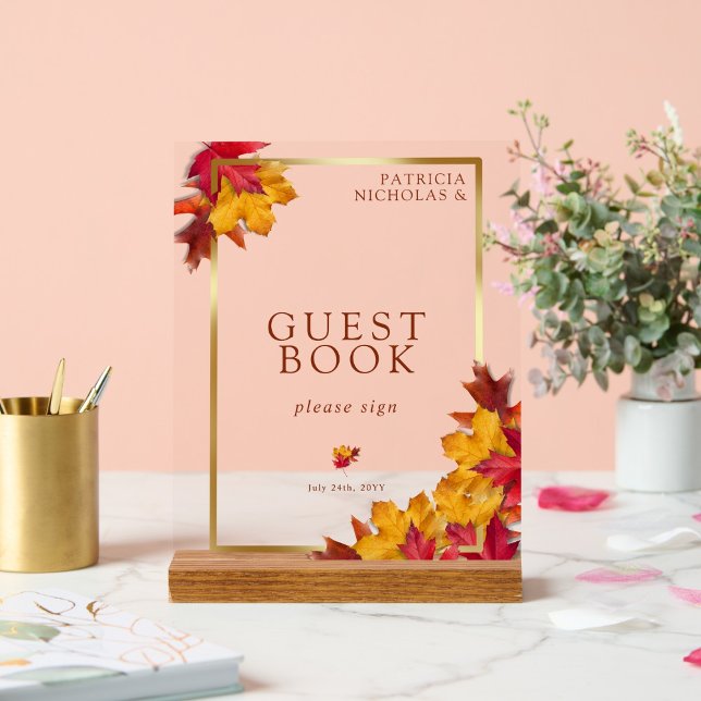 Elegant Gold Frame & Rustic Autumn Guest Book Acrylic Sign (Creator Uploaded)