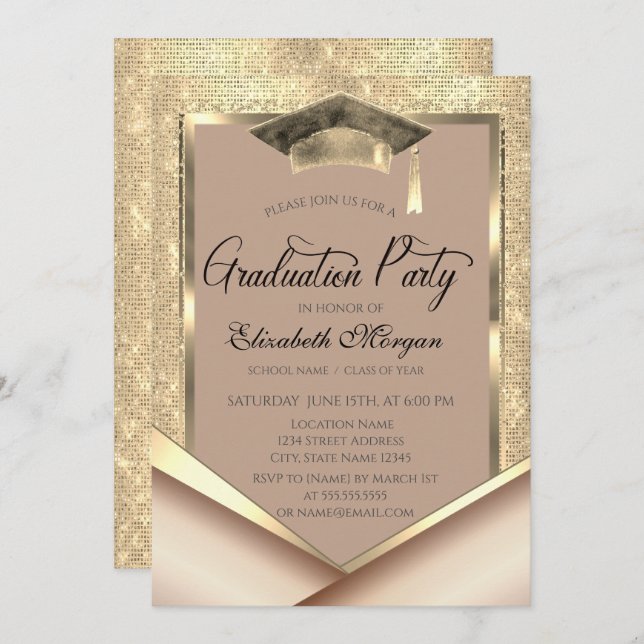 Elegant Gold Frame Sequins Graduation Invitation (Front/Back)