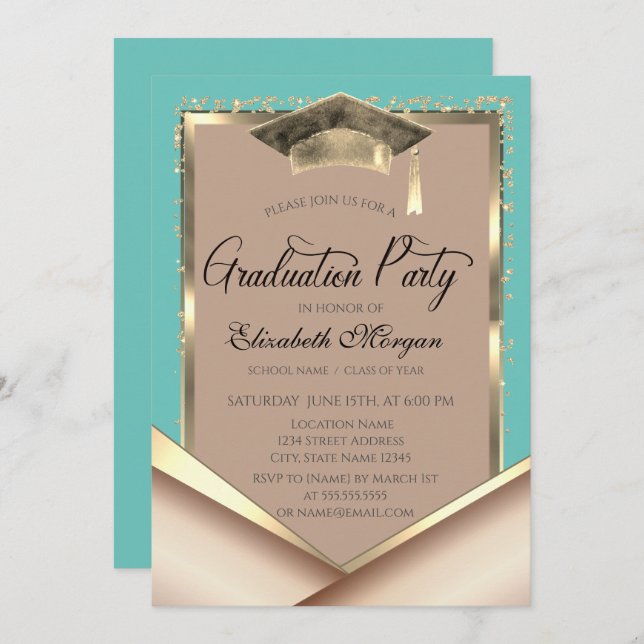 Elegant Gold Frame Sequins Mint Green Graduation Invitation (Front/Back)
