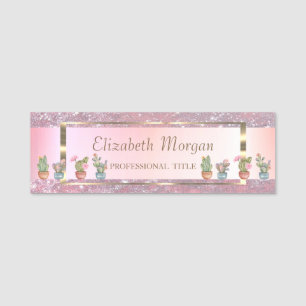 Elegant Gold Frame,Stripe,Glitter Succulents Name Tag