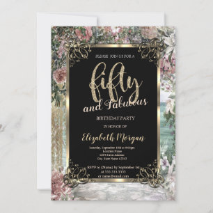 Elegant Gold Frame,Tropical Flowers 50th Birthday  Invitation