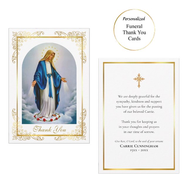 Elegant Gold Frame Virgin Mary Roses Funeral       Thank You Card (Creator Uploaded)