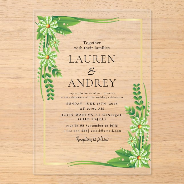 Elegant Gold Frame Wedding  Acrylic Invitations (Front)